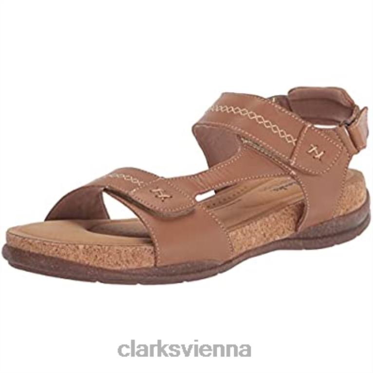 Frauen Clarks Hellbraune Leder-Clarks-Damenroseville-Mae-Flachsandale 80BRV1691